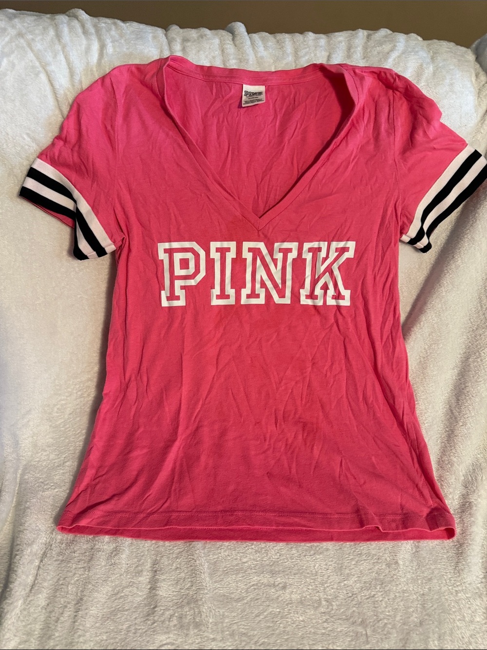 PINK Victoria's Secret Hot Pink V-Neck Tee with Black & White Sleeve Stripes